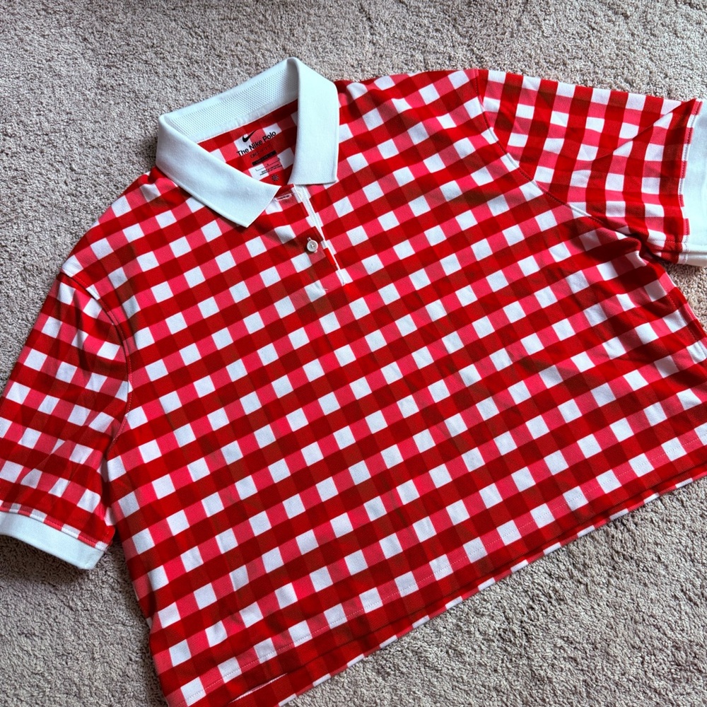 The Nike Polo Golf Dri-Fit Red White Plaid Loose Fit Cropped Polo Shirt Top L - Picture 11 of 14